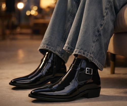 Image of Kraasa Men's Synthetic Leather Ankle Boots with Side Buckle Strap, Elastic Panel & Durable TPR Sole Casual & Formal Wear Boot