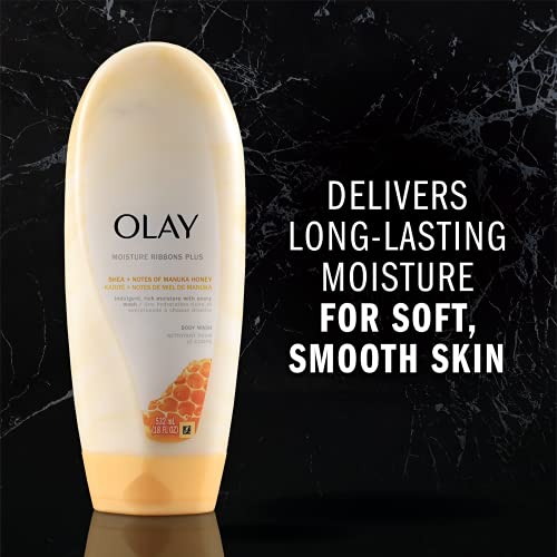 Body Wash by Olay, Moisture Ribbons Plus Shea + Manuka Honey Body Wash, 18 fl oz (Pack of 4)