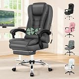 ELFORDSON 2-Point Massage Office Chair for Home, PC Gaming Chair with Footrest and Lumbar Support, High Back 150° Reclining Executive Desk Chair with Padded Armrest, PU Leather, Grey