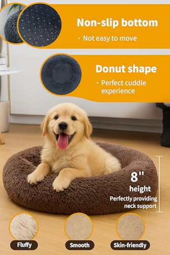 Image of RvPaws Calming Dog & Cat Bed for Small Dogs, Anti-Anxiety Donut Cuddler Cozy Soft Round, Fluffy Faux Fur Plush Cushion Beds for Medium Dogs - (Brown Color, 20 Inch, Small Size)
