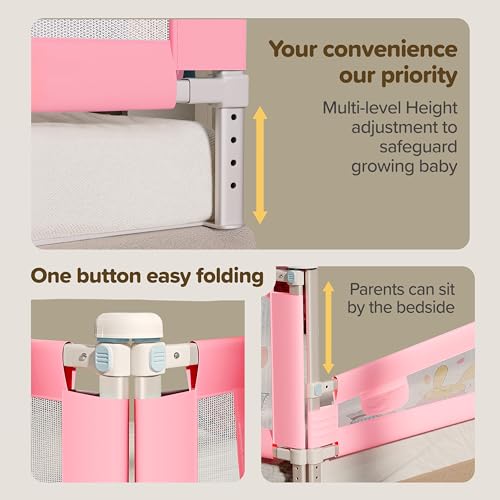 Image of LuvLap Comfy Baby Bed Rail Guard (6 ft x 2.3 ft), 180cmx72cm, Bed Rails for Baby & Toddler Safety, Portable, Adjustable Height, Single Side Bed Rail, Pack of 1, Printed Pink New