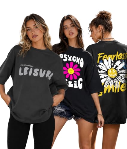 Image of London Hills Oversized Tshirt for Woman | t Shirt for Woman Oversized Fit Printed Round Neck | Tops for Woman's | Women t Shirt Loose Fit Drop Shoulder | t Shirts for Women | Western Tops