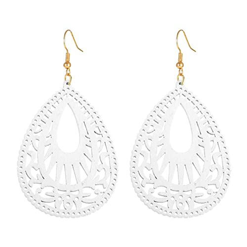 Coadipress Irregular Wood Earring For Women Girls Unique Vintage Dark Brown Lightweight Natural African Style Retro Bohemian Ethnic Wooden Statement Earrings (Hollow White) #TOP11