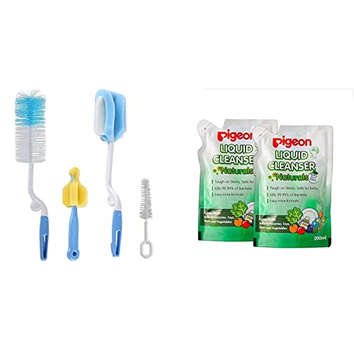 Image of Syga 4 Pcs Baby Milk Bottle Nipple Straw Brush Sponge Nylon Cleaning Brush Cleaner Bottle Tong Set R&Pigeon Naturals Liquid Cleanser Refill Combo, 200Ml (Pack of 2)