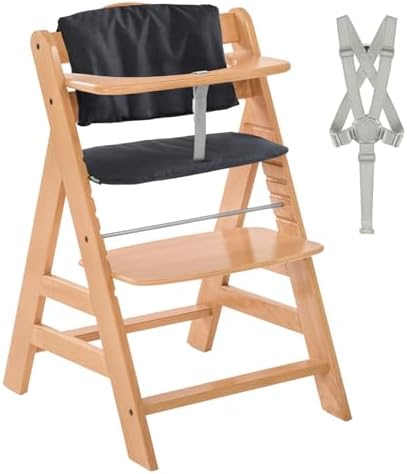 hauck Alpha Plus Trona de Madera Evolutiva Bebe con Arnés de 5 Puntos y Cojín de 2 Piezas - Silla Infantil Comedor desde 6 Meses - Soporta hasta 90 kg Natur/Gris