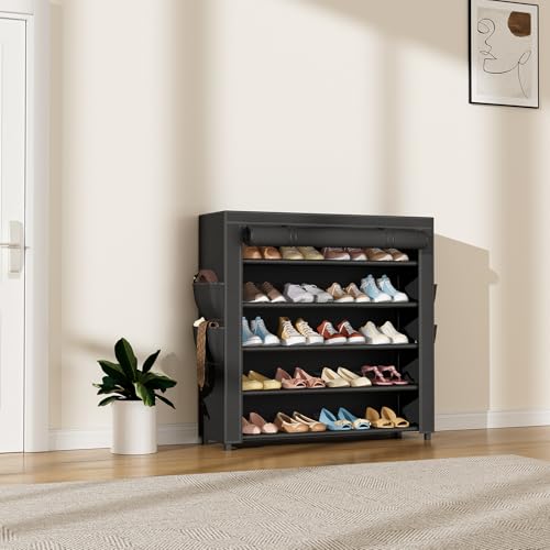 Image of LANTEFUL Shoe Rack with Covers 5 Tier Tall Shoe Rack Organizer Large Capacity Shoe Shelf Storage 20-24 Pairs Space Saving Free Standing Shoe Storage Organizer for Closet, Entryway, Dorm, Black