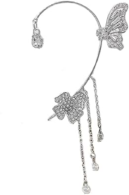 BSLVWG 2 Pieces Ear Wrap Earrings,Silver Butterfly Cuff Earrings Butterfly Wrap Earrings Vintage Ear Cuff Earrings No Piercing Ear Clip Wrap Flowers Tassel Long Cuff Earrings Jewelry Gifts for Women