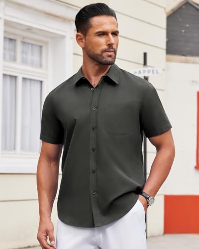 Image of Alimens & Gentle Men's Short Sleeve Dress Shirts Wrinkle Free Untucked Casual Button Down Shirt