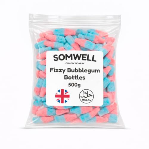 Somwell - Fizzy Bubblegum Bottles 500g - Halal Sweets - Retro Pick & Mix Jellies - Ideal Bulk Party Chewy Sweets Birthday Candy Cake Decorations & Sharing - Resealable Pouch