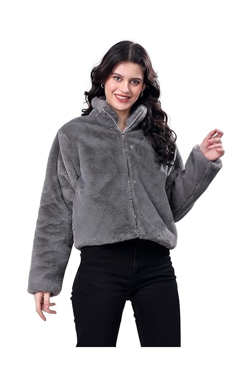 “Women’s Grey Fluffy Fur Winter Jacket – Ultra Soft Warm Faux Fur Coat Front Zip Cozy Hood Party & Outdoor Trendy -Length Jacket