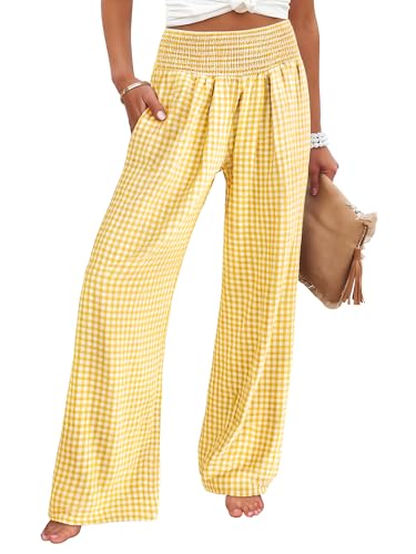 ANRABESS Womens Striped Gingham Palazzo Pants Wide Leg High Waisted Lounge Pajama Pants Cute Casual Trousers with Pockets Yellow White Plaid Large