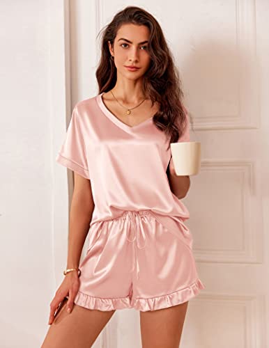 Image of Ekouaer Satin Pajamas for Women Short Sleeve Silk Sleepwear 2 Piece Pjs Set with Ruffled Shorts Casual Loungewear