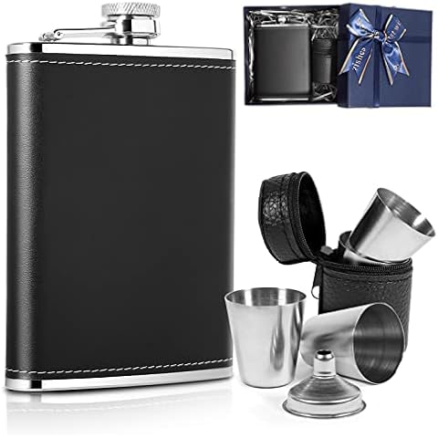 LILABIENE® Geschenk Flachmann Set Leder Edelstahl 8oz 236ml Schwarz Cover