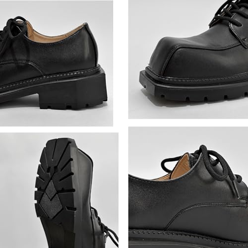 Men's Black Leather Platform Lace Up Derby Shoes Classic Square Toe Non Slip Lug Sole Formal Dress Shoes Casual Business Office Work Oxfords2