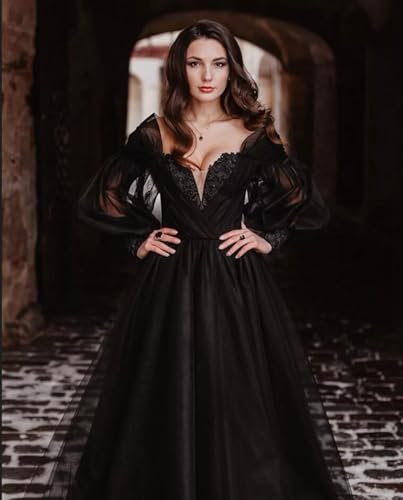 Youjiayi Gothic Long Sleeve Wedding Dresses for Women Puffy Tulle Bridal Gown with Train A-Line Lace Wedding Gown for Bride3