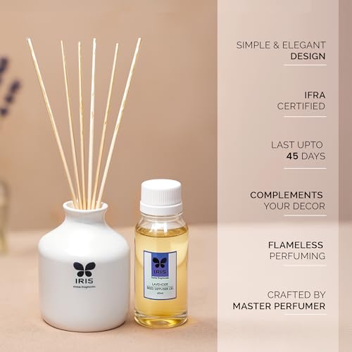 IRIS Home Fragrance,60Ml Lavender Reed Diffuser Set |Free 6 Reeds Sticks of 7.5"|Stress Relief & Aromatherapy |Long-Lasting,Smoke-Free Air Freshener for Home,Bedroom and Office | Ideal for Gifting