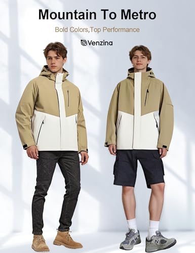 Image of Venzina Men's Waterproof Rain Jacket-Lightweight Windbreaker with Color Block Design, Breathable for Urban Outdoor, Daily Commuting I Fashion Unisex Couple Jacket