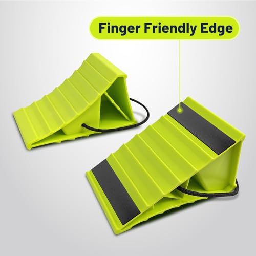 Image of ROBLOCK 4 Pairs Wheel Chocks for Travel Trailers, Non Slip Base Heavy Duty Green Camper Wheel Chockwith Rope, Lightweight Wheel Stoppers for Cars, Camper Trucks, RVs, Easy to Carry, Green