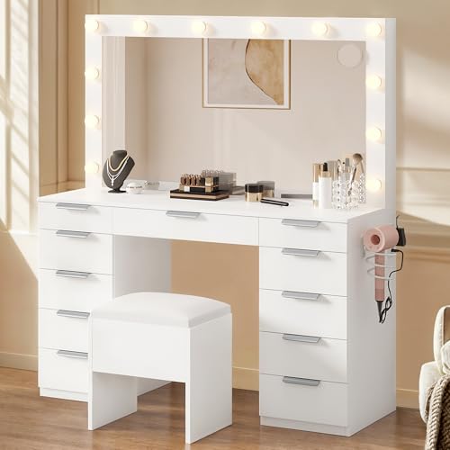 DWVO Vanity Desk Set with Mirror & Power Outlets, Vanity Table with Stool, 12 LED Bulbs, 3 Dimmable...