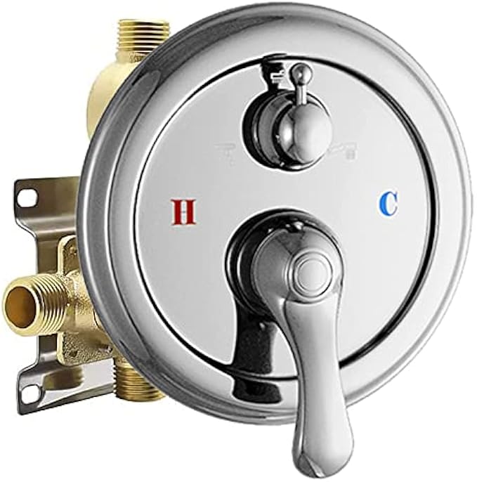 WHSHOWER 3-Function Shower Diverter Valve Concealed Brass Pressure Balance Rough-In Valve Trim Kit Polished Chrome