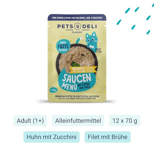 Pets Deli Saucen Menü Nassfutter für Katzen mit Huhn & Zucchini, 12x70g