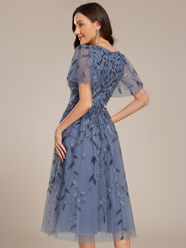 Ever-Pretty Women's Elegant A Line Embroidery Short Sleeves Midi Sequin Formal Cocktail Wedding Guest Dress 022302