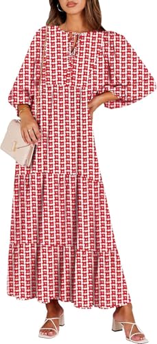 Womens Boho Maxi Dresses 2025 Summer V Neck Puff Sleeve Floral Flowy Swing Casual Long Dress