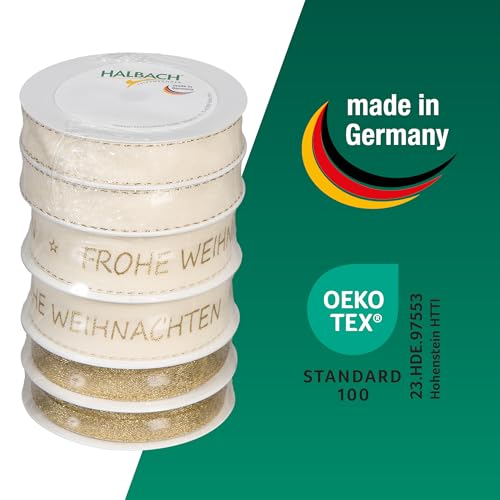 Halbach Seidenbänder Premium Geschenkband Set Weihnachten | 6 Rollen weihnachtliche Dekobänder | Schleifenband zum Geschenk einpacken