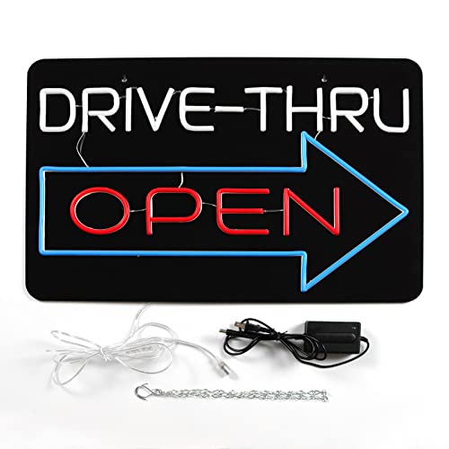 Image of Large Drive Thru Open Neon Signs for Wall Decor Neon Lights for Bedroom Led Signs Suitable for Drive Thru Open Office Man Cave Bar Christmas 12V Power Adapter, 23.2*15Inch(Red + Blue+ White)