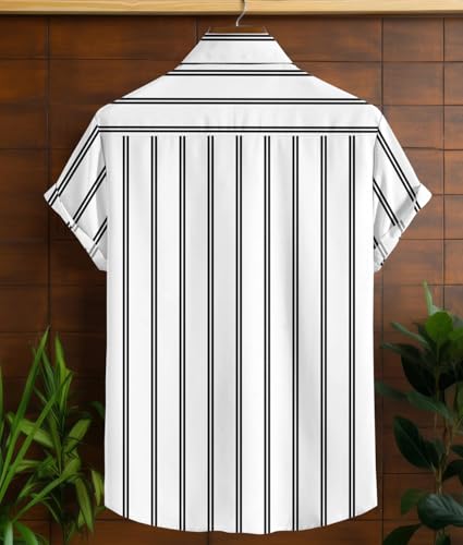 Image of Vertical Striped Short Sleeve Casual Shirt for Men, Stratchable 100% Spandex Material,Black and White