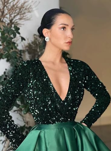 V Neck Satin Ball Gowns for Women Formal Sequin Prom Dresses with Slit Maxi Long Sleeve Evening Gown with Pockets2