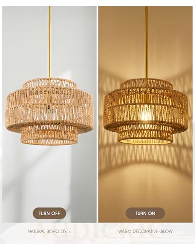 Image of 12.5 inch Gold Boho Rattan Chandelier, 3-Tier Hand Woven Shade
