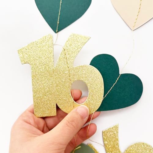 Image of Sage Green Gold 16th Birthday Decorations Sage Green Gold Heart Garland Streamer Banner Backdrop for Girls Happy 16th Birthday Sweet 16 Decorations Cheers to 16 Years Old Anniversary Party Supplies