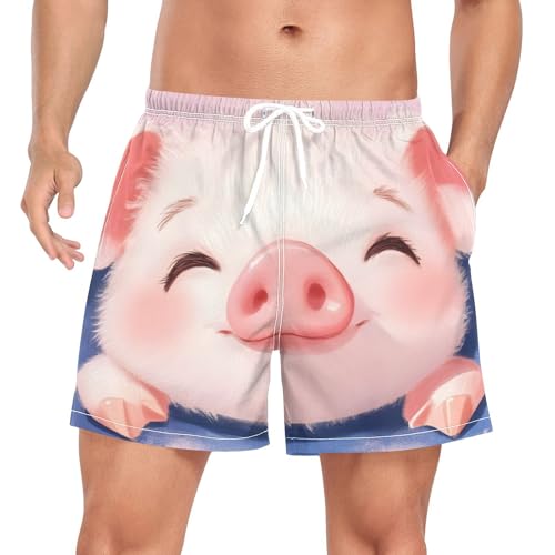 Mens Swim Trunks with Liner, Cute Pig Closeup Cool Quick Dry Beach Swim Shorts, Swimwear Bathing Suits S