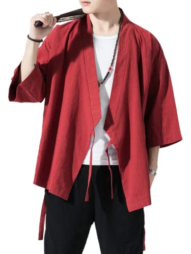 Image of Men's Japanese Kimono Cardigan Loose Cotton Linen 3 /4 Sleeve Open Front Casual Summer Shirt Jackets