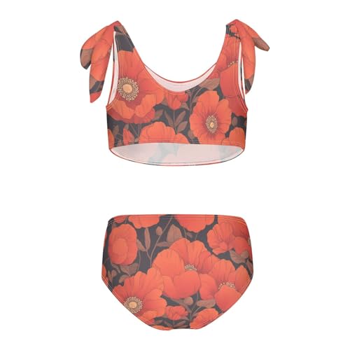Vibrant Floral Pattern Poppy Girls Two Piece Kids Bikini Set Scoop Neck Bathing Suit Swimwear Adjustable Shoulder Strap2