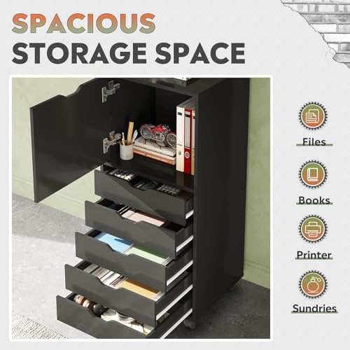 Image of DEVAISE 5-Drawer Wood File Cabinet, Mobile Filing Cabinet with 1 Door, Wide Storage Space for Home Office, Black