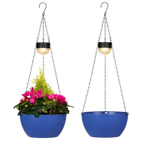 BAYN 2 Packs Solar Hanging Basket Planters for Plants Outdoor, Self Watering Blue Flower Plants Pots with Solar Light Drainer for Balcony Patio Garden Outdoor Decoration