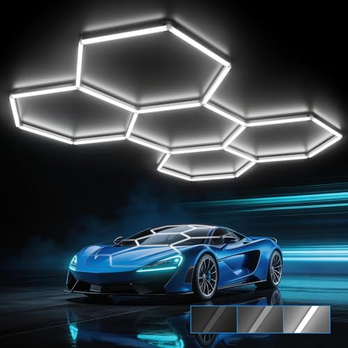 HYPERLITE Gen 2 Hexagon Garage LED Light Upgraded 3 Level Dimmable 168W 16800LM Super Bright Garage Detailing Lights 5 Grids Hex Shop Light Hexagon LED Lights for Basement Car Wash Gym Shop