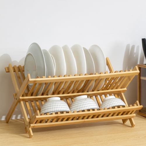 Scolapiatti pieghevole a 2 livelli, robusto ripiano da cucina naturale per asciugatura rapida, scolapiatti per piatti, coltelli, cucchiai
