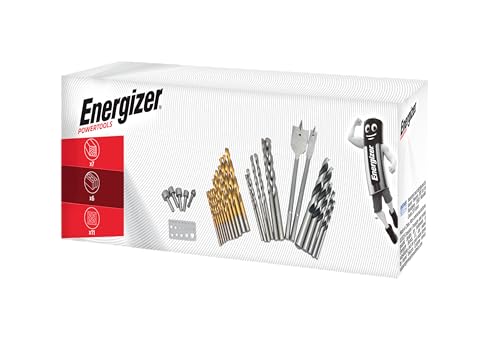 Energizer - Coffret de 30 Forets pour Perceuse - 11 hélicoïdaux HSS 4241 revêtement titane, 5 à bois, 6 à maçonnerie, 2 à bois (16/22 mm), 5 vis à tête creuse et 1 gabarit de perçage