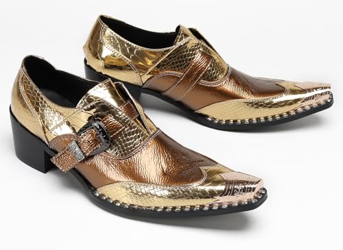 Santimon Men’s Slip-On Dress Shoes Genuine Leather Loafers – Metal Toe Mocasines with Gold Buckle for Formal Wedding & Casual Party Disco4