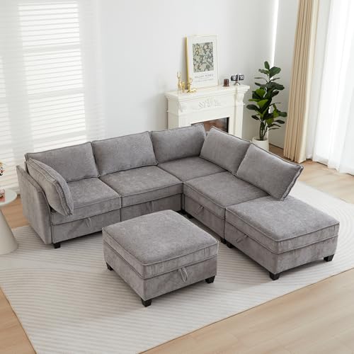 Image of ORRD Corner Modular Sectional Sofa Set, Convertible L Shaped Couch with Storage, 6 Seater Sofa Modular with Ottomans and Reversible Chaise for Living Room, Office (Grey)