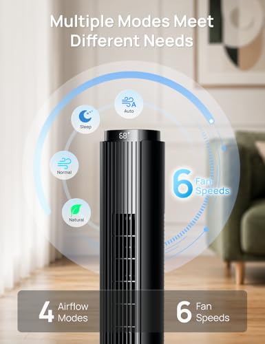 Image of ZAFRO Tower Fan for Bedroom, 37'' Bladeless Fans with 4 Modes 6 Speeds, 26 ft /s Velocity, 28dB Quiet for Sleep, LED Touchpad & 12H Timer, 90 Oscillating Floor Fans that Blow Air, Black