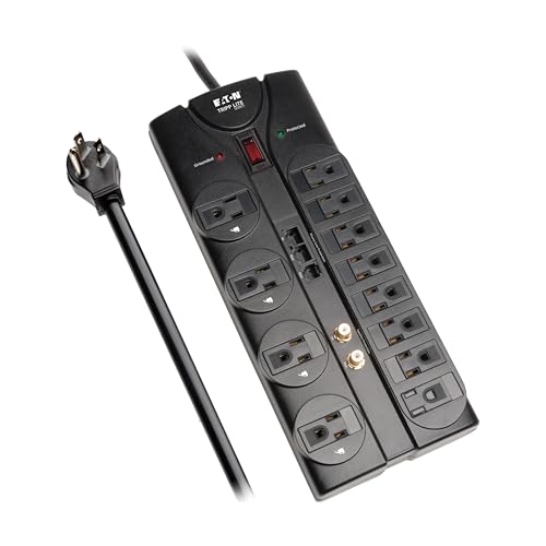 Tripp Lite 12 Outlet Surge Protector Power Strip, 8ft Cord, Right-Angle Plug, Tel/Modem/Coax/Ethernet Protection, RJ11, RJ45, & $250,000 INSURANCE (TLP1208SAT) Black