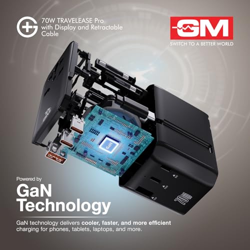 Image of GM G+ 70W TravelEase Pro with Display|Travel Adapter US, UK, EU, AU, 150+ Countries | Multi-Port | Dynamic Wattage Display, MacBook Air-M4, Laptop, iPhone, Samsung, DSLR, 75cm Retractable-C Cable