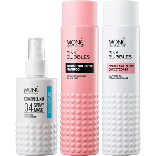 MONÉ PROFESSIONAL - Set Cabello Brillante y Cuidado: Spray 10-en-1 150 ml, Champú sin sulfatos 300 ml, Acondicionador 300 ml
