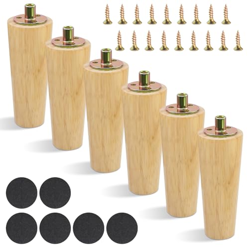 TOKSEO 6 Patas de Madera para Muebles de 12 cm, cónicas, Patas de Madera para Armario, Patas de sofá con Placa de Montaje, Almohadillas de Goma, Patas de Madera para Muebles, armarios, sillas, mesas