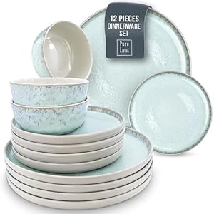 12 Piece Dinnerware Sets for 4 – Modern Style Stoneware Dinnerware Set – Scratch Resistant, Dishwasher, Microwave Safe Plates and Bowls Sets Ceramic, Bowl and Plate Set – Beige and Light Blue