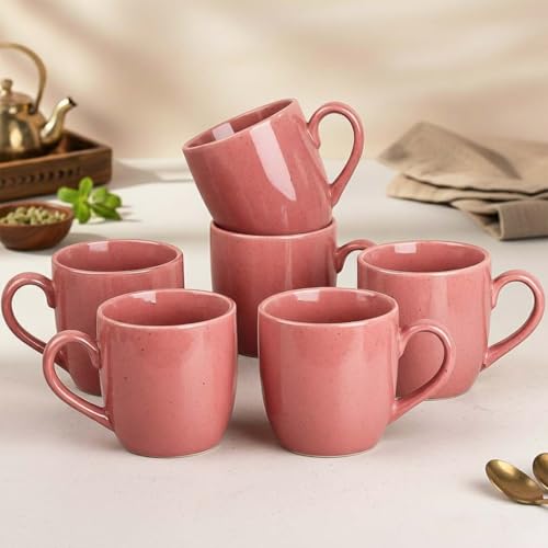 Image of The Earth Store Pink Cylus Ceramic Tea Cup Set of 6 for Tea | 190ML Each | Microwave & Dishwasher Safe | Perfect for Every Occasion Chai | Coffee Cups for Home, Office, Gifting & Daily Use